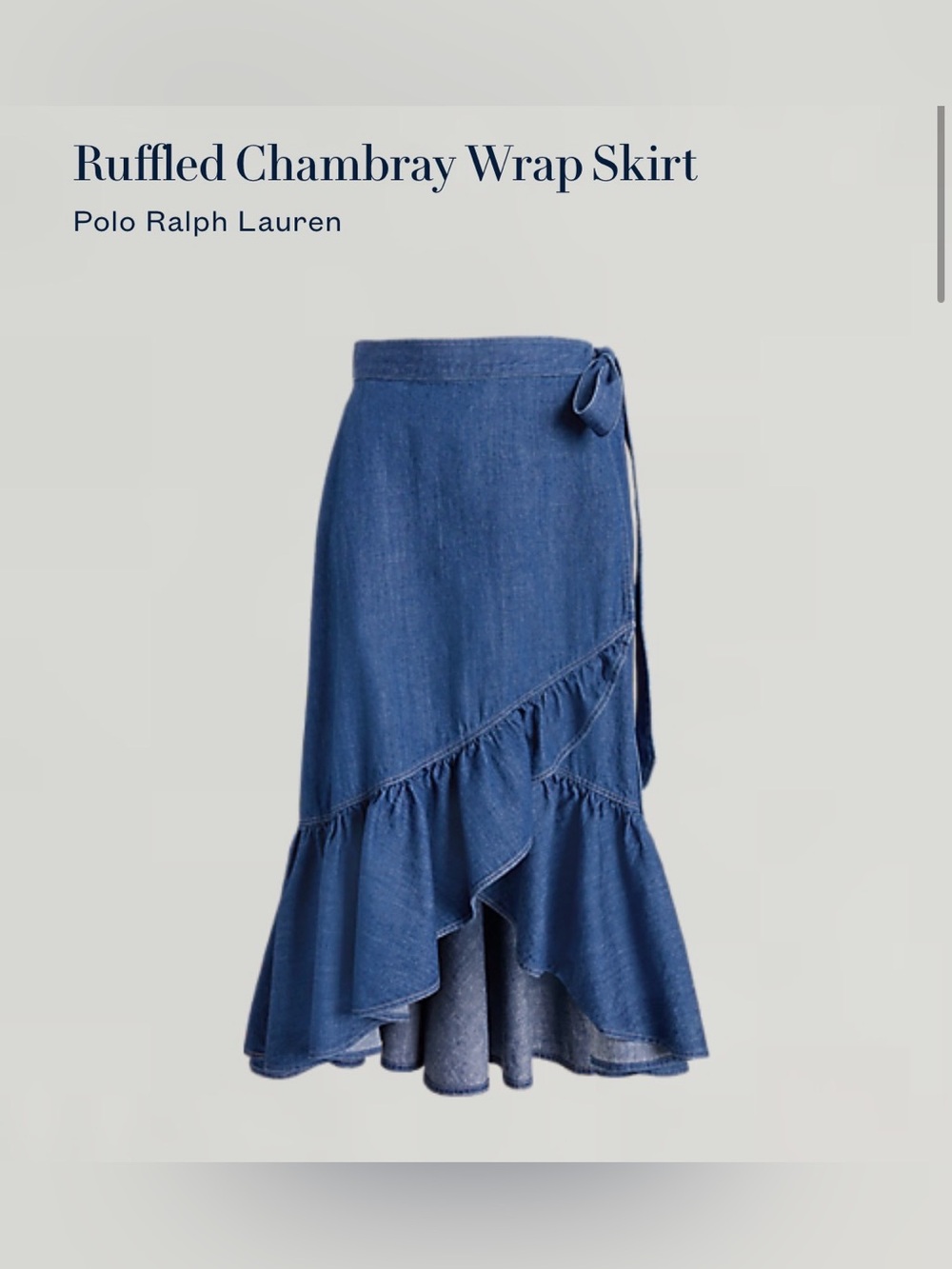 Polo Ralph Lauren Ruffled Chambray Wrap Skirt Blue Denim High-Low Size 12 euc - Picture 2 of 13